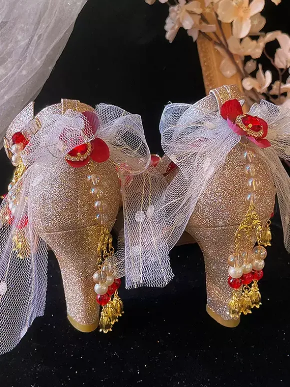 Lolita Wedding Dress Lolita Footwear Gold Color Block Pearls Chains Flowers Round Toe PU Leather Lolita Pumps