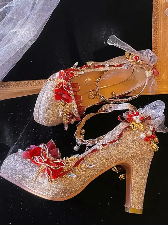 Lolita Wedding Dress Lolita Footwear Gold Color Block Pearls Chains Flowers Round Toe PU Leather Lolita Pumps