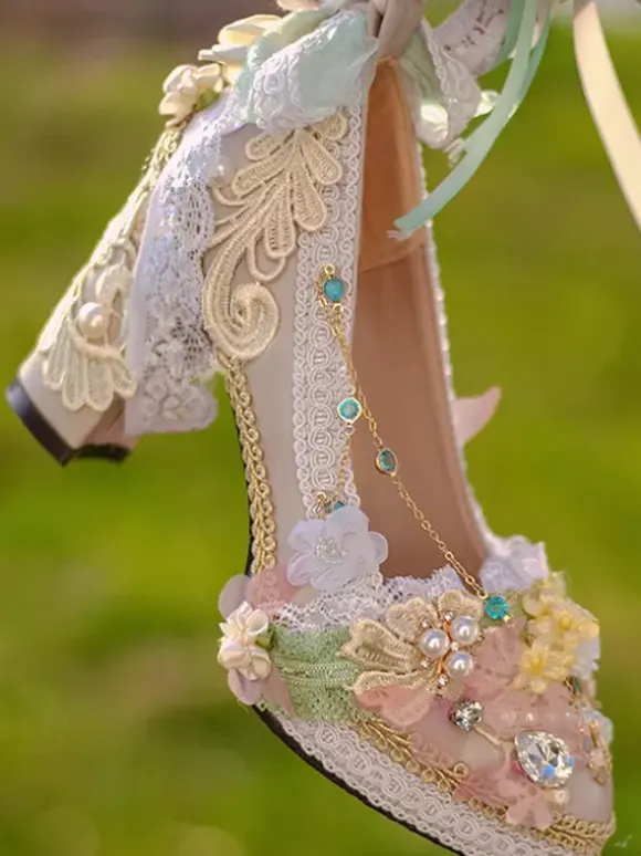 Lolita Wedding Dress Lolita Footwear Pink Lace Ruffles Pearls Flowers Round Toe PU Leather Lolita Shoes