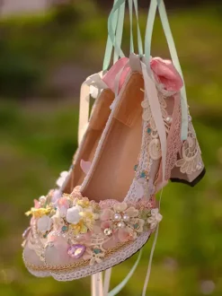 Lolita Wedding Dress Lolita Footwear Pink Lace Ruffles Pearls Flowers Round Toe PU Leather Lolita Shoes