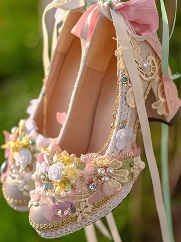 Lolita Wedding Dress Lolita Footwear Pink Lace Ruffles Pearls Flowers Round Toe PU Leather Lolita Shoes