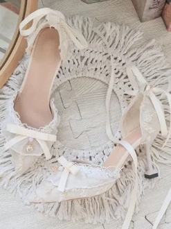 Lolita Wedding Dress Lolita Footwear White Ruffles Bows Pointed Toe Lolita Pumps