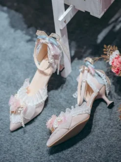 Lolita Wedding Dress Lolita Footwear Pink Flowers Ruffles Bows Pointed Toe Satin Lolita Pumps