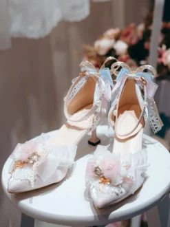 Lolita Wedding Dress Lolita Footwear Pink Flowers Ruffles Bows Pointed Toe Satin Lolita Pumps