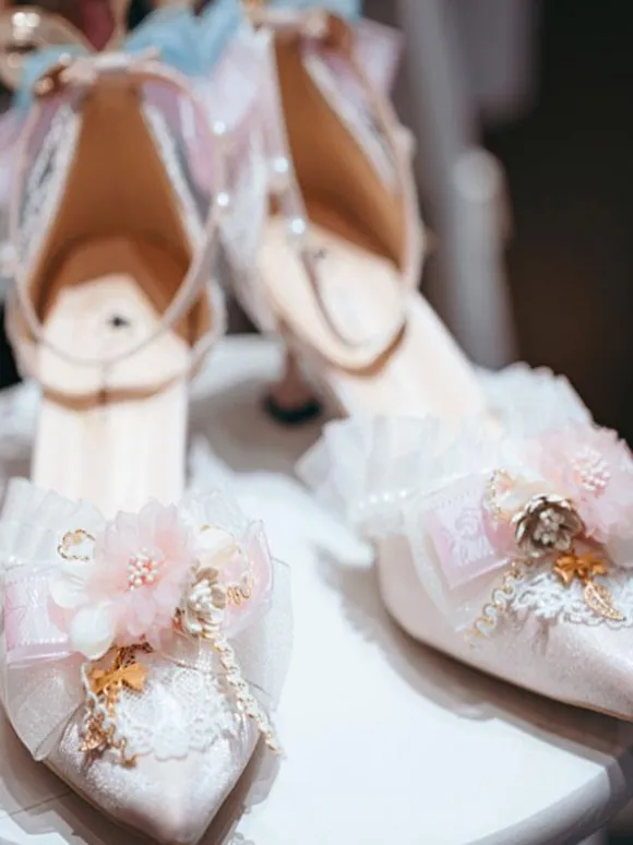 Lolita Wedding Dress Lolita Footwear Pink Flowers Ruffles Bows Pointed Toe Satin Lolita Pumps