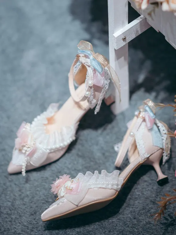 Lolita Wedding Dress Lolita Footwear Pink Flowers Ruffles Bows Pointed Toe Satin Lolita Pumps