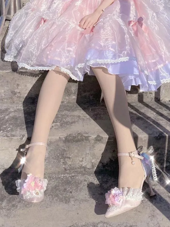 Lolita Wedding Dress Lolita Footwear Pink Flowers Ruffles Bows Pointed Toe Satin Lolita Pumps