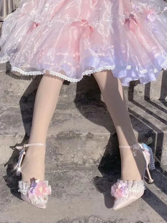 Lolita Wedding Dress Lolita Footwear Pink Flowers Ruffles Bows Pointed Toe Satin Lolita Pumps