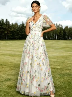 Long Formal Dress Dusty Lilac Floral Embroidery Tulle Maxi Dress V Neck Flutter Short Sleeve A Line Wedding Guest Gown