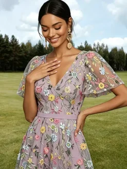 Long Formal Dress Dusty Lilac Floral Embroidery Tulle Maxi Dress V Neck Flutter Short Sleeve A Line Wedding Guest Gown