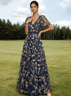 Long Formal Dress Dusty Lilac Floral Embroidery Tulle Maxi Dress V Neck Flutter Short Sleeve A Line Wedding Guest Gown