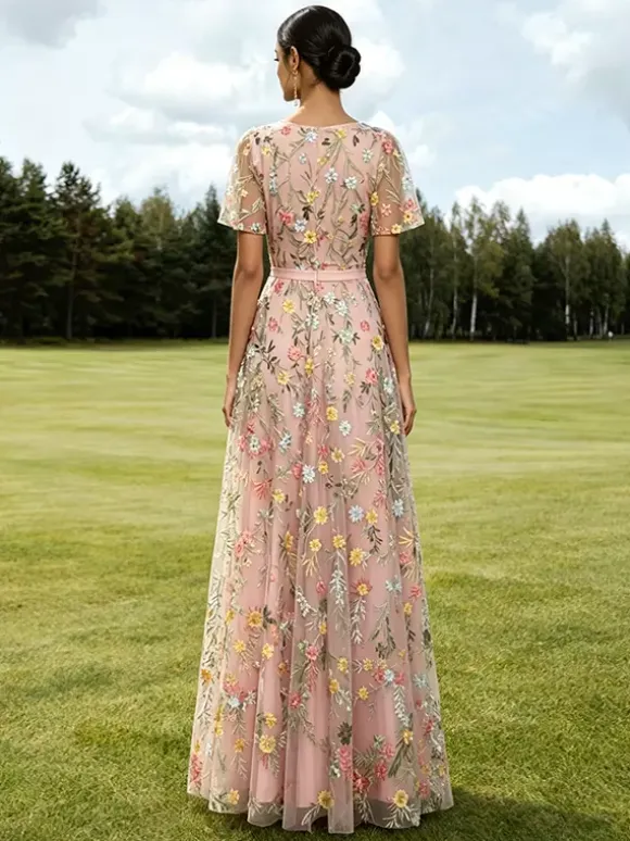 Long Formal Dress Dusty Lilac Floral Embroidery Tulle Maxi Dress V Neck Flutter Short Sleeve A Line Wedding Guest Gown