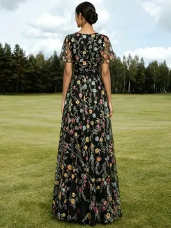 Long Formal Dress Dusty Lilac Floral Embroidery Tulle Maxi Dress V Neck Flutter Short Sleeve A Line Wedding Guest Gown