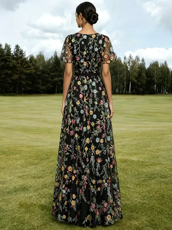 Long Formal Dress Dusty Lilac Floral Embroidery Tulle Maxi Dress V Neck Flutter Short Sleeve A Line Wedding Guest Gown