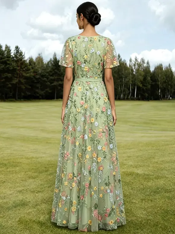 Long Formal Dress Dusty Lilac Floral Embroidery Tulle Maxi Dress V Neck Flutter Short Sleeve A Line Wedding Guest Gown