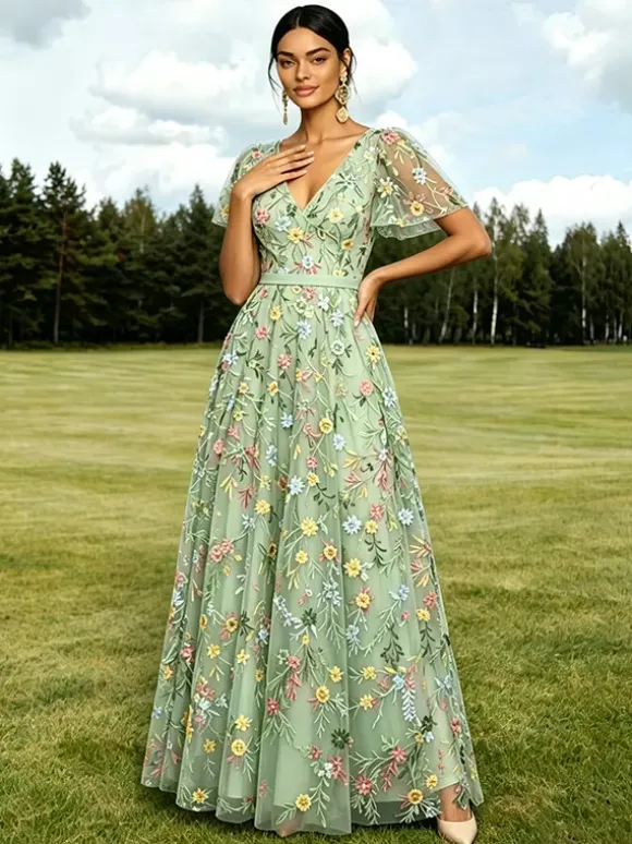 Long Formal Dress Dusty Lilac Floral Embroidery Tulle Maxi Dress V Neck Flutter Short Sleeve A Line Wedding Guest Gown