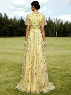 Long Formal Dress Dusty Lilac Floral Embroidery Tulle Maxi Dress V Neck Flutter Short Sleeve A Line Wedding Guest Gown