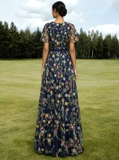 Long Formal Dress Dusty Lilac Floral Embroidery Tulle Maxi Dress V Neck Flutter Short Sleeve A Line Wedding Guest Gown