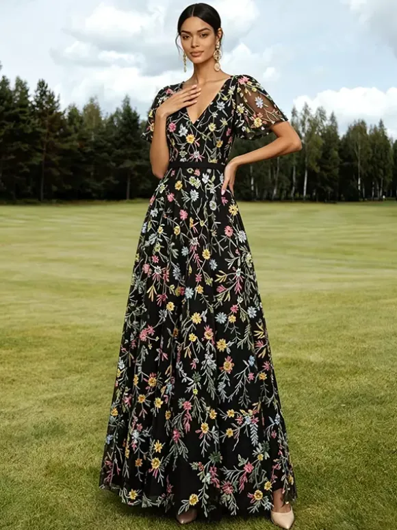 Long Formal Dress Dusty Lilac Floral Embroidery Tulle Maxi Dress V Neck Flutter Short Sleeve A Line Wedding Guest Gown