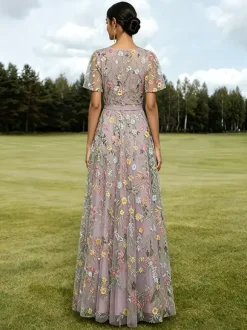 Long Formal Dress Dusty Lilac Floral Embroidery Tulle Maxi Dress V Neck Flutter Short Sleeve A Line Wedding Guest Gown
