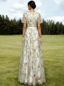 Long Formal Dress Dusty Lilac Floral Embroidery Tulle Maxi Dress V Neck Flutter Short Sleeve A Line Wedding Guest Gown
