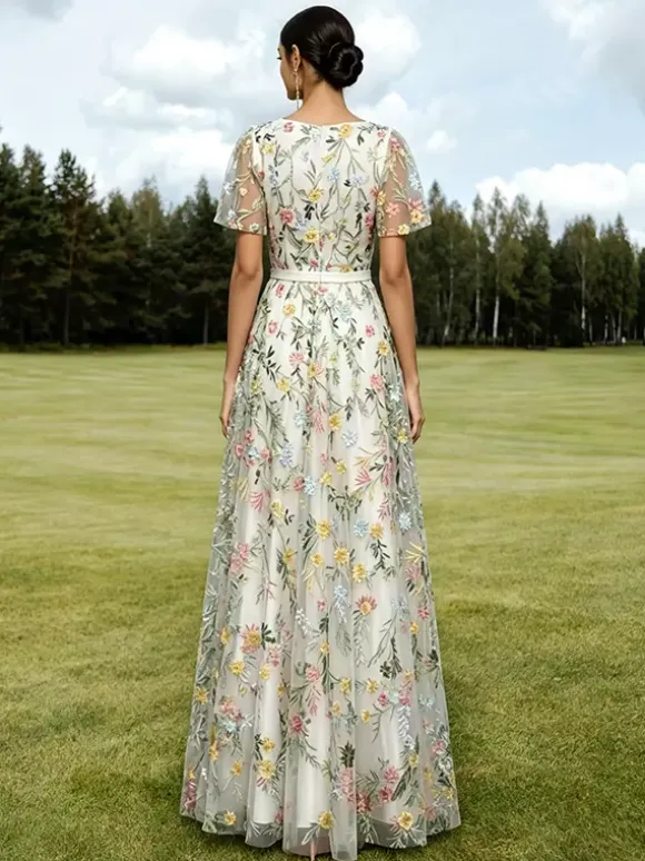 Long Formal Dress Dusty Lilac Floral Embroidery Tulle Maxi Dress V Neck Flutter Short Sleeve A Line Wedding Guest Gown