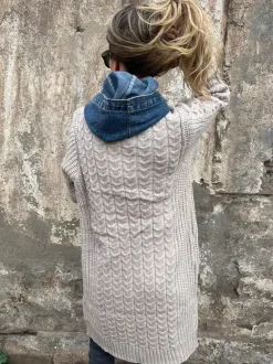 Long Knit Cardigan Denim Patchwork Pocket Button Sweater Coat For Women 2026