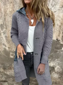 Long Knit Cardigan Denim Patchwork Pocket Button Sweater Coat For Women 2026