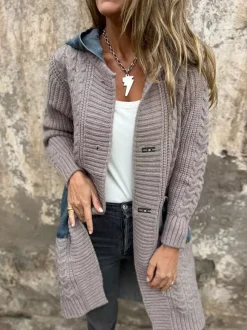 Long Knit Cardigan Denim Patchwork Pocket Button Sweater Coat For Women 2026