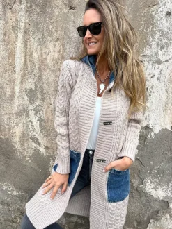 Long Knit Cardigan Denim Patchwork Pocket Button Sweater Coat For Women 2026