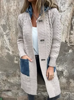 Long Knit Cardigan Denim Patchwork Pocket Button Sweater Coat For Women 2026