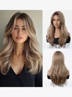 Long Layered Loose Wave Synthetic Wig Curtain Bang Ombre Root Highlight Wig