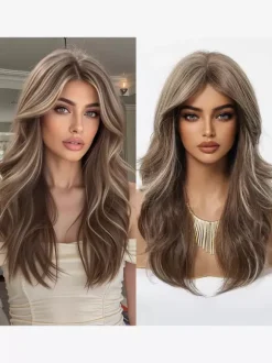 Long Layered Loose Wave Synthetic Wig Curtain Bang Ombre Root Highlight Wig