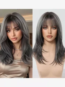 Long Layered Loose Wave Synthetic Wig Curtain Bang Ombre Root Highlight Wig