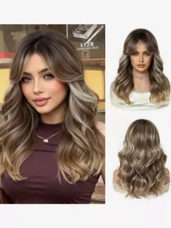 Long Layered Loose Wave Synthetic Wig Curtain Bang Ombre Root Highlight Wig