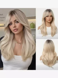Long Layered Loose Wave Synthetic Wig Curtain Bang Ombre Root Highlight Wig