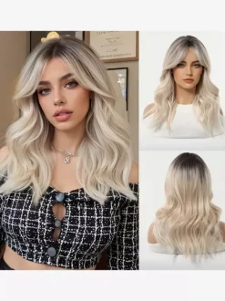 Long Layered Loose Wave Synthetic Wig Curtain Bang Ombre Root Highlight Wig
