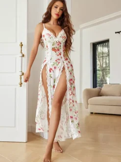 Long Nightgown Black Lace Floral Print High-slit Sexy Lingerie With T-back