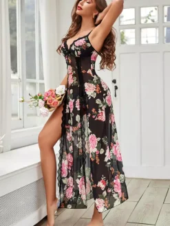 Long Nightgown Black Lace Floral Print High-slit Sexy Lingerie With T-back