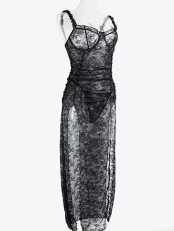 Long Nightgown Black Sexy Shaping Backless Cut Out Polyester Lingerie