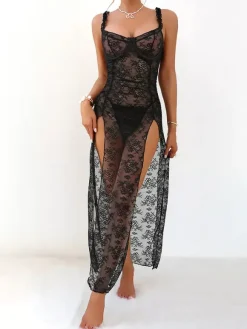 Long Nightgown Black Sexy Shaping Backless Cut Out Polyester Lingerie