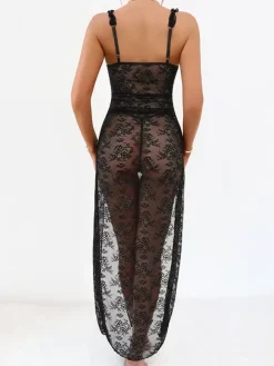 Long Nightgown Black Sexy Shaping Backless Cut Out Polyester Lingerie