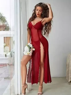 Long Nightgown Black Split Front High-slit Polyester Sexy Lingerie With T-back