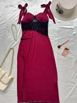Long Nightgown Burgundy Sexy Backless Two-Tone Sleeveless Bodycon Lace High Side Slit Lingerie