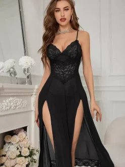 Long Nightgown High Slit Lace Tulle Sexual Lingerie