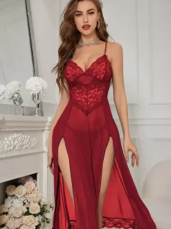 Long Nightgown High Slit Lace Tulle Sexual Lingerie
