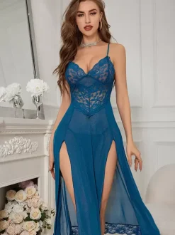Long Nightgown High Slit Lace Tulle Sexual Lingerie
