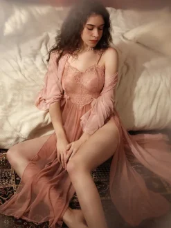 Long Nightgown Pink Sexy Sheer Lace Polyester Adult's Lingerie
