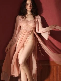 Long Nightgown Pink Sexy Sheer Lace Polyester Adult's Lingerie