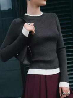 Long Sleeve Rib-knit Sweater With Contrasting Edges Spring Casual Basic Tops For Women 2026
